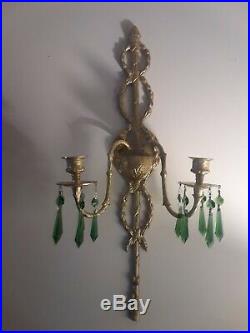 Set of 2 Antique Brass Wall Sconce Candle Holders with Green Crystal Prisms