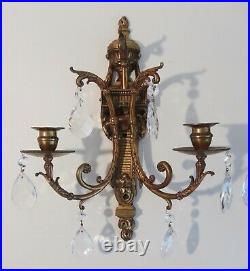 Set of 2 Antique Bronze Wall Sconces Candle Holders with Crystal Prisms
