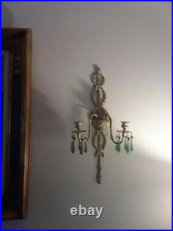Set of 2 Elegant Brass Wall Sconce Candle Holders with Green Crystal Prisms
