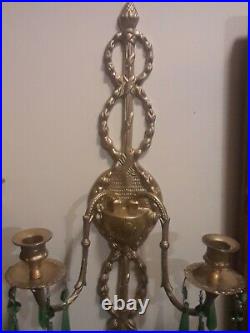 Set of 2 Elegant Brass Wall Sconce Candle Holders with Green Crystal Prisms