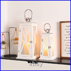 Set of 2 Farmhouse Wooden Lantern 15.5''&22'' Metal Decorative Candle Holders wi