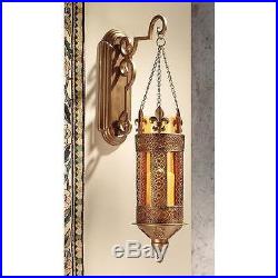 Set of 2 Fleur De Lis Filigree Metal Scroll Amber Glass Hanging Wall Lanterns