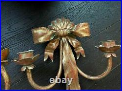 Set of 2 Gold Colored Aged Metal Italian Candle Wall Sconces Sconce Pair