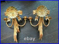 Set of 2 Gold Colored Aged Metal Italian Candle Wall Sconces Sconce Pair