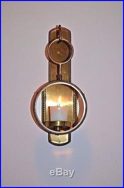 Set of 2 Heavy Brass Wall Sconces With Magnify Glass Portal Candle Holder