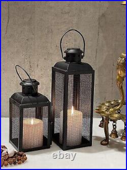 Set of 2 Iron Lantern and Candle Tealight Holder for Home Festive Decor Black