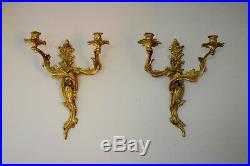 Set of 2 Louis XV style gilt brass wall candle sconces by Glo-Mar Artworks, NY
