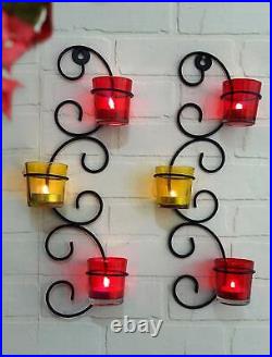Set of 2 Metal Wall Sconce with Glass Cups and Tealight Candles Wall Hanging