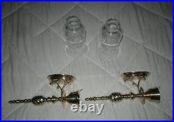 Set of 2=Ornate BRASS WALL CANDLE HOLDERS withGlass Lamp Shades 15 1/2 H