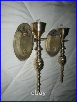 Set of 2=Ornate BRASS WALL CANDLE HOLDERS withGlass Lamp Shades 15 1/2 H