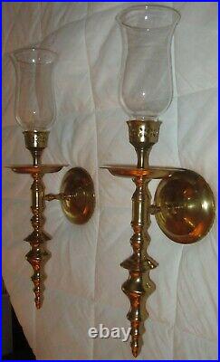Set of 2=Ornate BRASS WALL CANDLE HOLDERS withGlass Lamp Shades 20 H