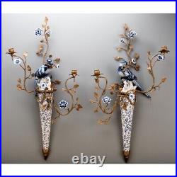 Set of 2 Porcelain Blue & White Birds Wall Hanging Candle Sticks-30''H