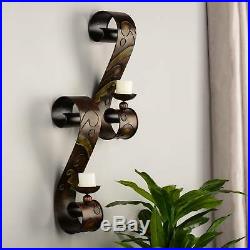 Set of 2 Scrolled Candle Sconces Wall Mount Votive Holders Brown Metal S-Shaped