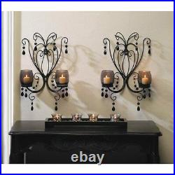 Set of 2 Sultry Elegance Black Metal Candle Holder Smoked Glass Wall Sconce
