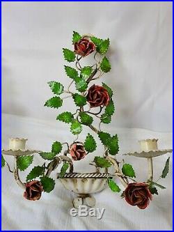 Set of 2 Vintage Italian Metal Toleware Wall Sconces Candle Holders Roses