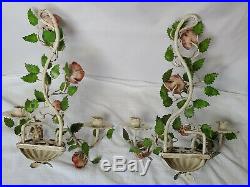 Set of 2 Vintage Italian Metal Toleware Wall Sconces Candle Holders Roses