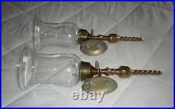Set of 2=Vintage Solid Brass Wall Sconce Candle Holders withSprings & Glass Cups