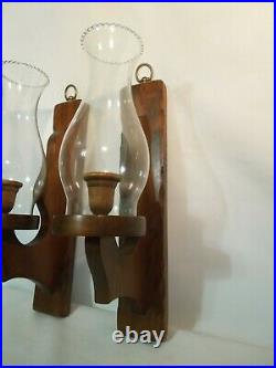 Set of 2 Vintage Wood Wall Sconce Candle Holders with New Glass Shades 15 Tall