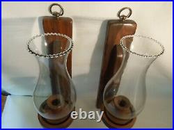 Set of 2 Vintage Wood Wall Sconce Candle Holders with New Glass Shades 15 Tall