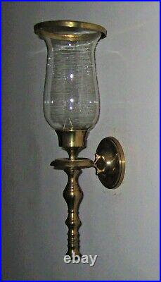 Set of 2=Vtg Solid BRASS WALL HANGING CANDLE HOLDERS withBrass Rimmed Glass Cups