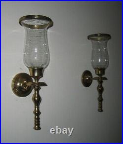 Set of 2=Vtg Solid BRASS WALL HANGING CANDLE HOLDERS withBrass Rimmed Glass Cups