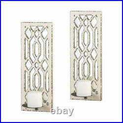 Set of 2 Weathered White Wall Sconces Rustic Farmhouse Mirrored Candle Holders