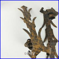 Set of 2 wrought iron taper votive candle holder wall sconce Made In Spain gold