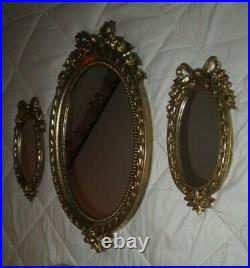 Set of 3=Gold Framed Oval Wall Decor Mirrors/Shelf/Candle Holder Roses/Bow Homco