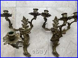 Set of Two Vintage Brass Sconce Wall Mount Three Candle Holder Candelabra