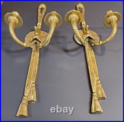 Set of Vintage Brass Tassel Candle Wall Sconce Double Arm Decorative Crafts Inc