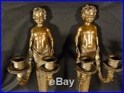 Signed Pair Of Bronze Chiparus Little Boy Wall Sconce Candle Holders Circa 1935