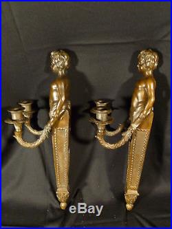 Signed Pair Of Bronze Chiparus Little Boy Wall Sconce Candle Holders Circa 1935