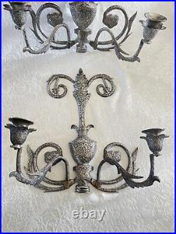 Silverplate Large Candle Wall Sconces Pair Chased Ornate Hand Crafted India VTG