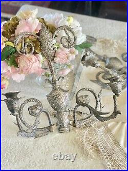 Silverplate Large Candle Wall Sconces Pair Chased Ornate Hand Crafted Vintage