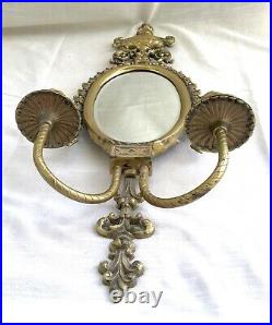 Single Vintage Beveled Mirrored Solid Brass Wall Sconce, Double Candle Holders
