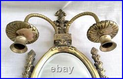 Single Vintage Beveled Mirrored Solid Brass Wall Sconce, Double Candle Holders