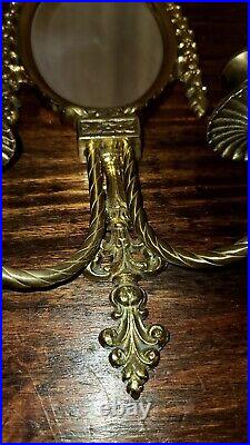 Solid Brass Sconce Wall Double Candle Stick Holder Mirror Frame 23.25 Vintage