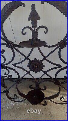 Spanish Gothic LG Vintage Wrought Iron Wall Hanging Holds 4 Candles