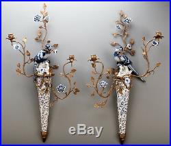 Stunning Pair of Bronze Ormolu Aviary Blue Wall Sconces Candle Holders, 30''H