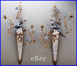 Stunning Pair of Bronze Ormolu Blue/White Wall Sconces Candle Holders, 30''H