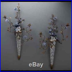 Stunning Pair of Bronze Ormolu Blue/White Wall Sconces Candle Holders, 30''H