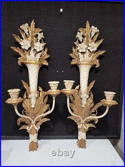Stunning Vintage Made in Italy Flowers Cream + Gilt Wood 26 Wall Candle Sconces