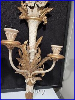 Stunning Vintage Made in Italy Flowers Cream + Gilt Wood 26 Wall Candle Sconces
