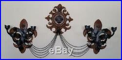 Syroco Burlwood Medieval Wall Set 5 Arm Candle Sconces withGothic Medallion Chains
