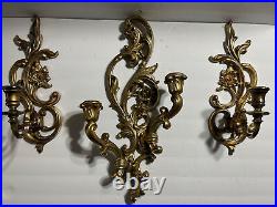 Syroco Wood Floral Gold Bronze 3 Wall Sconces Candle Holders Victorian Style