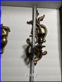 Syroco Wood Floral Gold Bronze 3 Wall Sconces Candle Holders Victorian Style