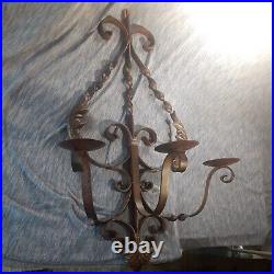 TWISTED WROUGHT IRON LEAF TRi CANDLE HANGING WALL SCONCE CANDLE HOLDER 28Tx18W