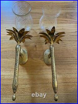 TWO BRASS 21 PINEAPPLE PALM TREE WALL SCONCES WithGLASS SHADES MADE IN INDIA