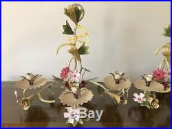Tole Vtg Pair Painted Metal Wall Sconces Flower Dragonfly Candleholders Garden