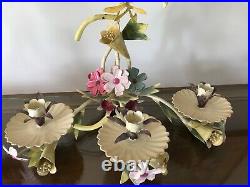 Tole Vtg Pair Painted Metal Wall Sconces Flower Dragonfly Candleholders Garden